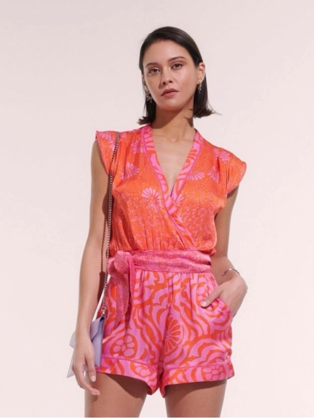 Poupette St Barth Short Jumpsuit Pink Daisy romper XS pink orange satin